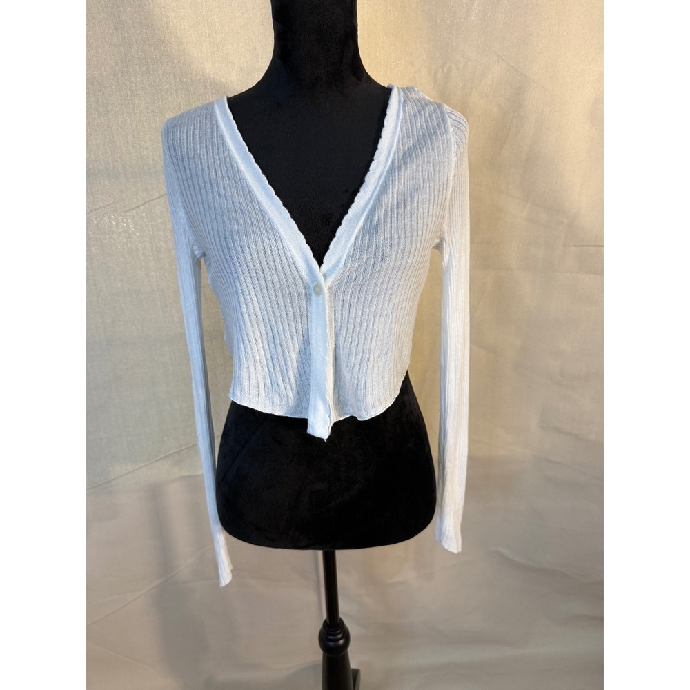 Wild Fable White Ribbed Knit Cropped Cardigan Long Sleeve V-Neck Top Large